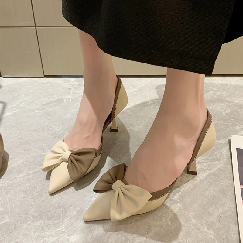 2024 New Mix Color Bowtie High Heels Shoes Women Two-Piece Thin Heels Pumps Woman Pointed Toe Elegant Slip-On Party Shoes Ladies