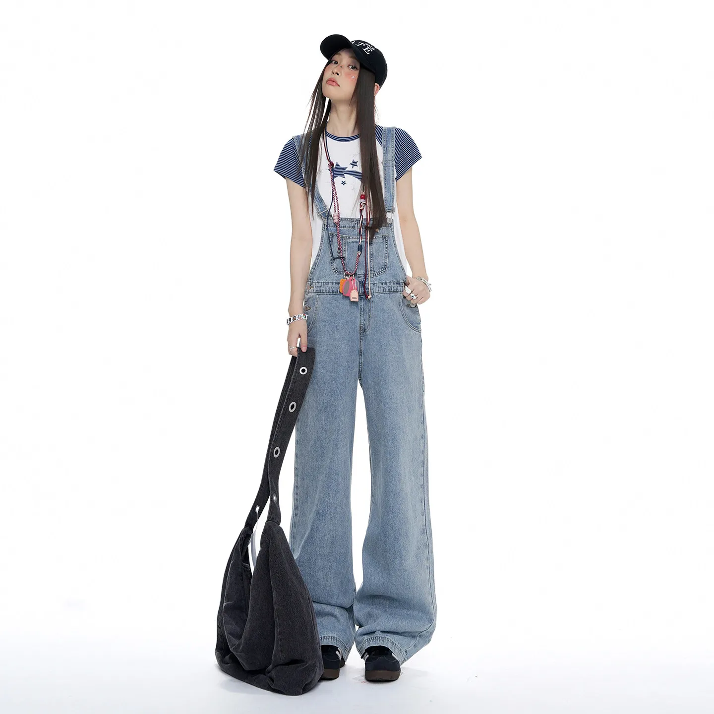 Y2K Washed Denim Overalls Women's High Waist Wide Leg Floor-Length Pants Anti-Aging Workwear Jumpsuits Cotton Polyester Blend