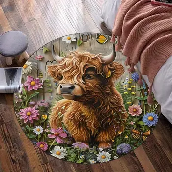 Květinová zahrada skotských kráv, kulatý křišťálový sametový koberec, venkovská farmářská zvířata, dekorativní podlahová rohožka pro bydlení, bytové dekorace, přírodní umění 10 nejlepší prodej stroj na kebab - №7