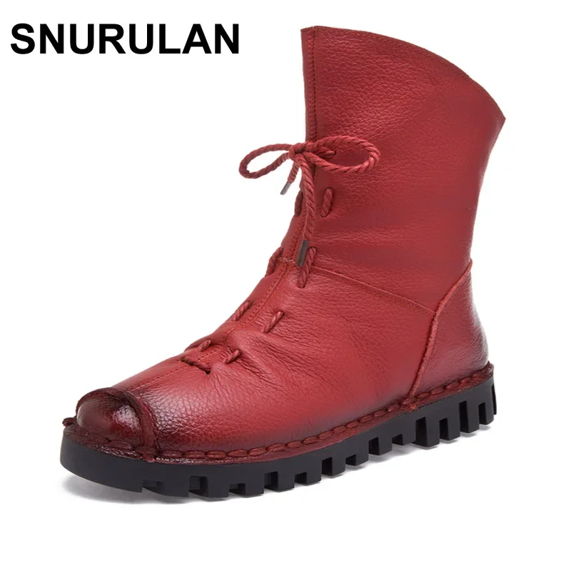 

SNURULAN New Vintage Style Genuine Leather Women Boots Flat Booties Soft Cowhide Women's Shoes Zip Ankle Boots zapatos mujer