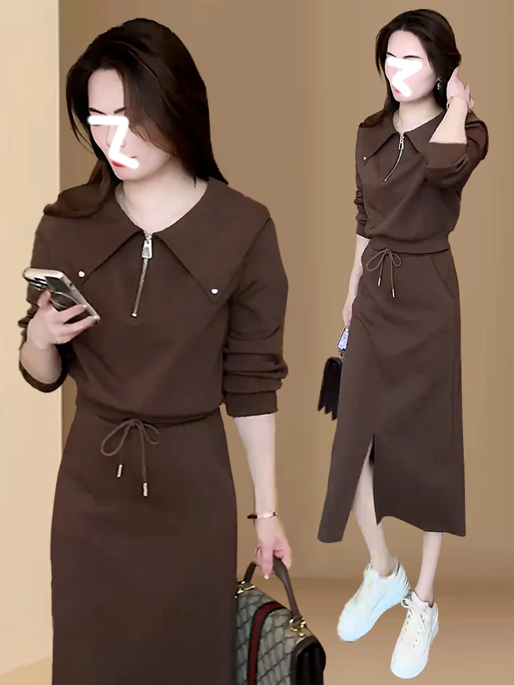 

Модный короткий стильный топ с воротником с лацканами и полумолнией + полуюбка на шнурке, женский повседневный однотонный комплект из двух предметов для поездок на работу