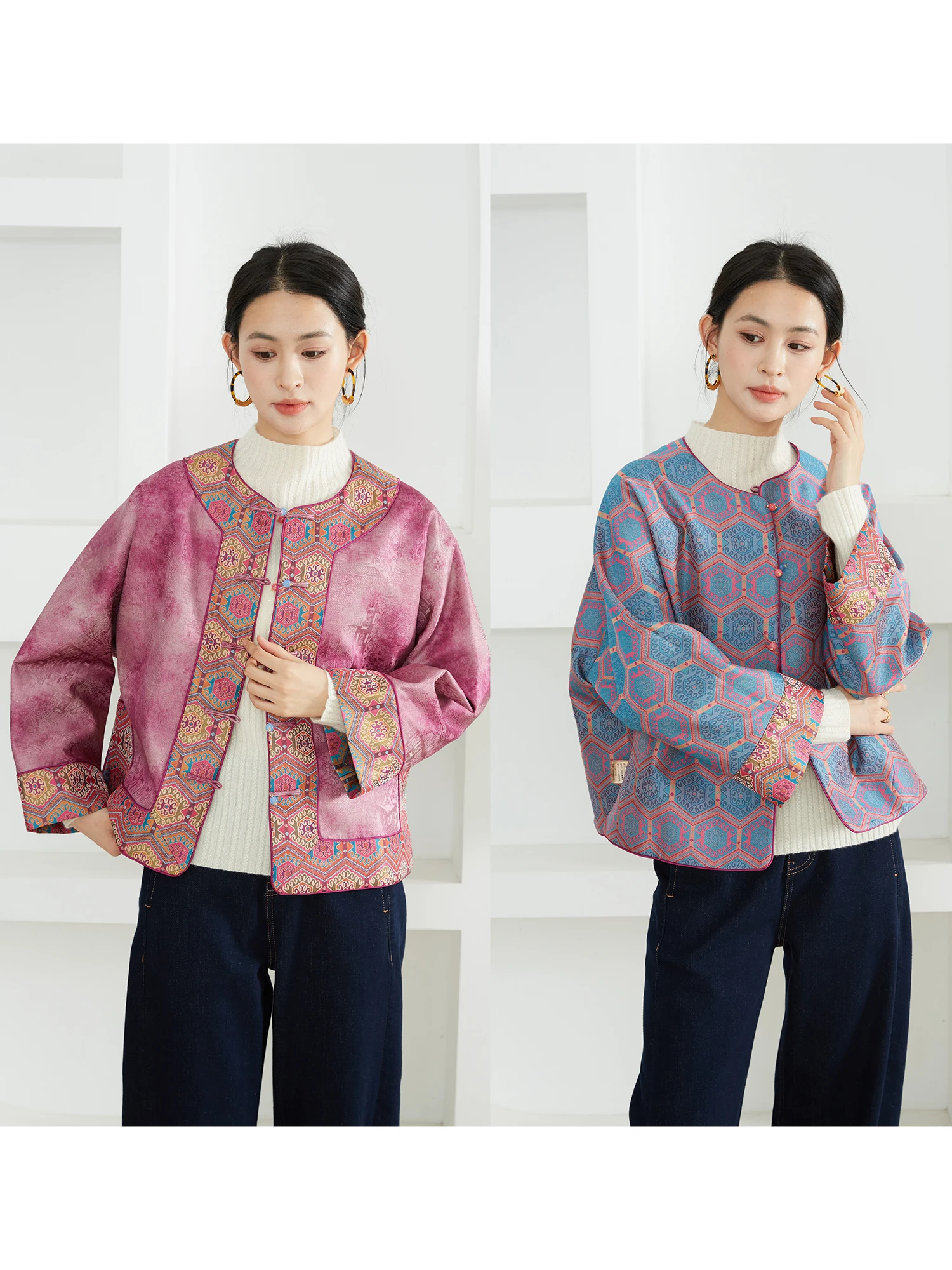 

Double-Sided Wear Silk Open Cardigan round Ne Loose Fit Printed Silk Women's Outerwear Breathable Long Sve Coat