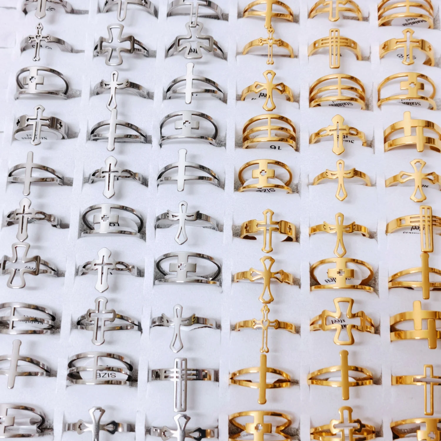 24Pcs Wholesale Cross Hollow Stainless Steel Rings Fixed Size Religious Finger Jewelry Bulk Lot For Shop Resale & Holiday Gift