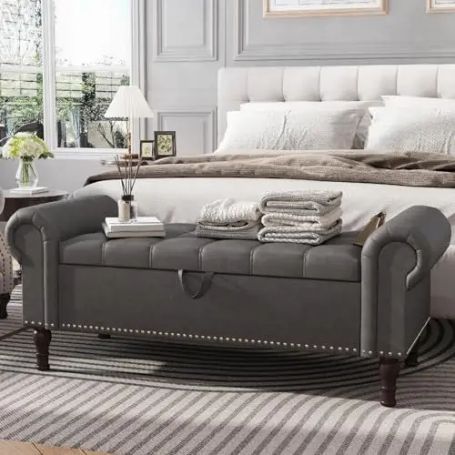 51” Bench with Storage, Upholstered Tufted Button Bedroom Bench with Storage, Faux Leather End of Bed Bench with Rolled
