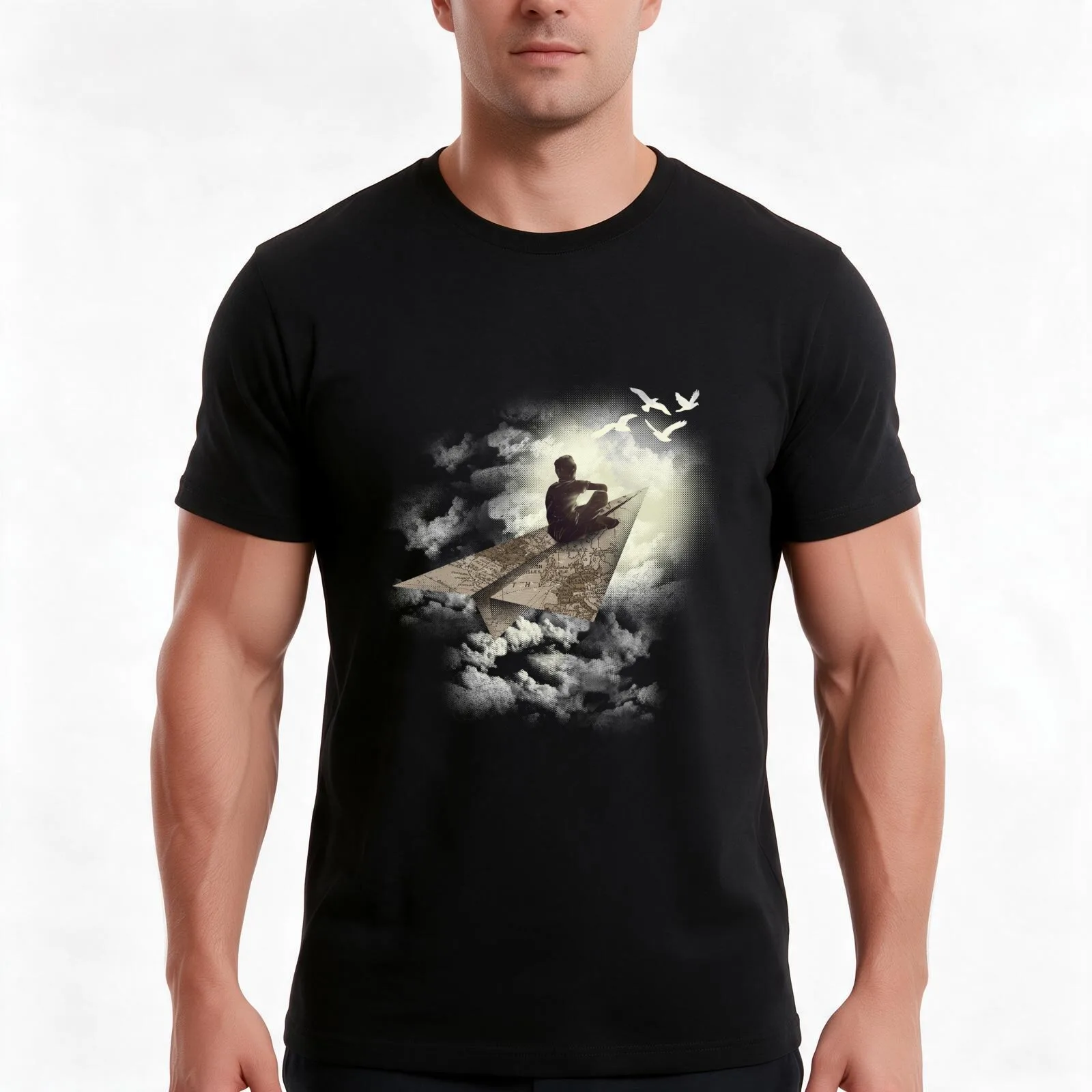 Paper Aeroplane T-Shirt, Summer Casual Cotton Tee, Oversized Streetwear Tops, Vintage Graphic Print, Loose Fit Short Sleeve