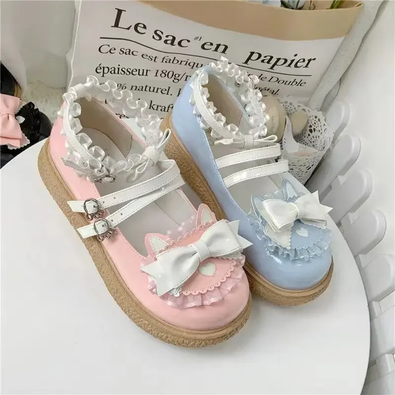 Buty damskie z okrągłym noskiem gotyckie niebieskie Mary Jane słodkie Kawaii styl japoński Lolita damskie płaskie wiosenne modne koreańskie