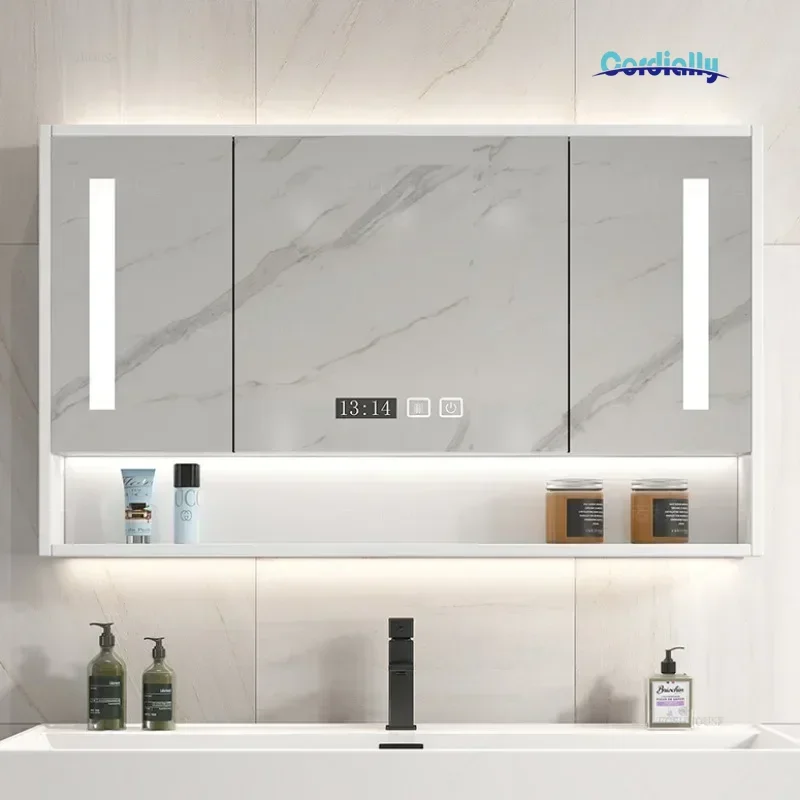 Smart LED Bathroom Mirror Cabinet Anti Fog Wall Mounted Vanity Modern Home Dimmable Storage Shelves Apartment Decor