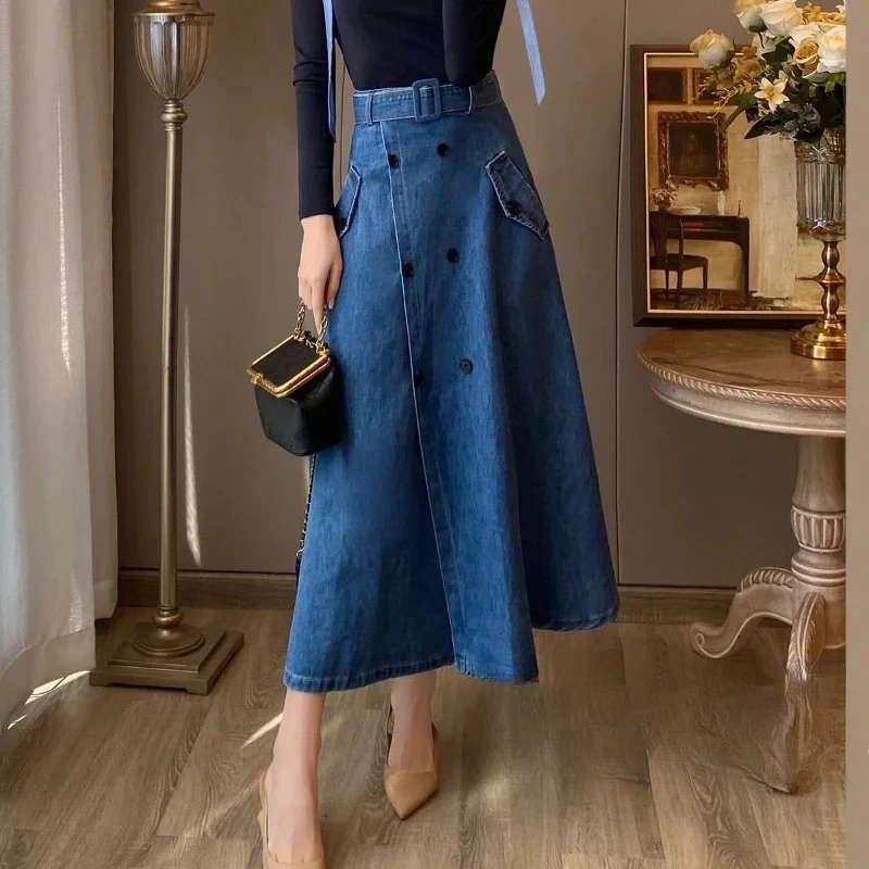 

French Retro Temperament High Waist Slim Double-breasted A-line Large Hem Skirt Mid-length Fashionable Umbrella Skirt Denim