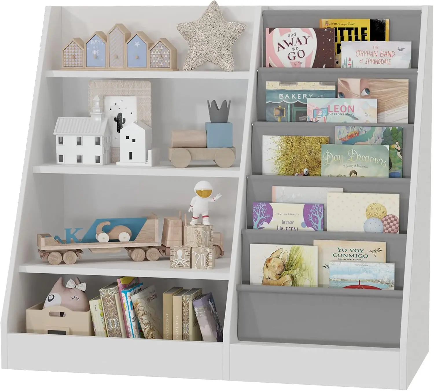 HedoAjim 4 Tier Kids Wooden Bookshelf, 5 Layer Sling Toddler Bookcase,Baby Storage Book Rack,Book and Toy Organizer Cabinet,Chil