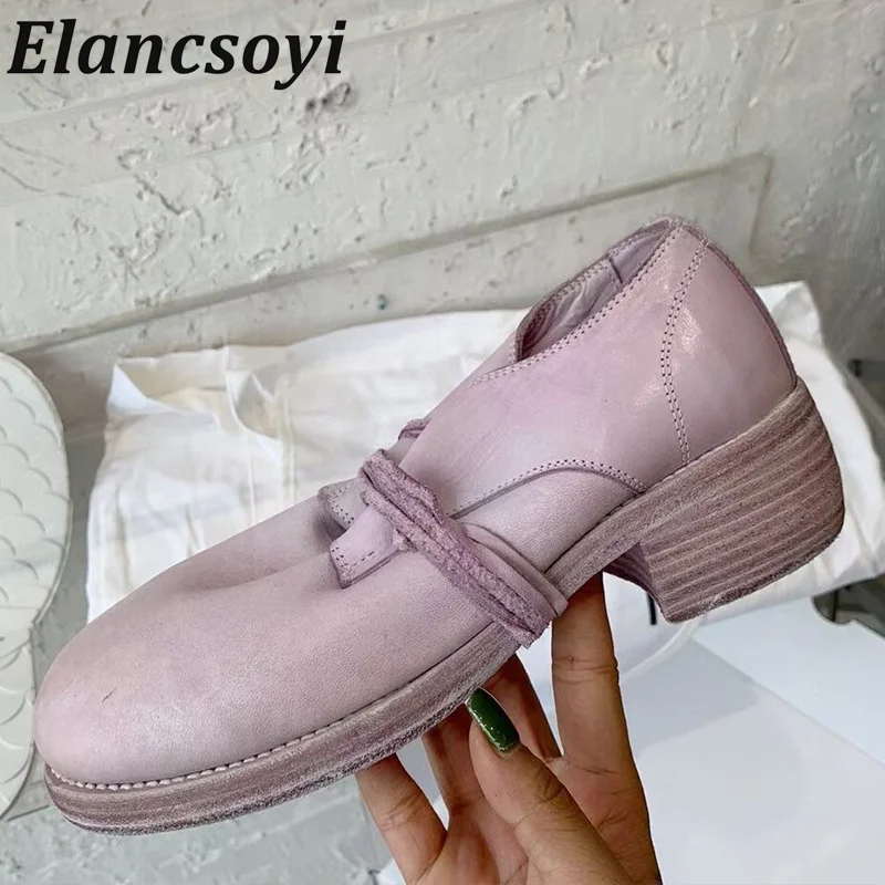 

Spring Autumn Round Toe Genuine Leather Single Shoes Women's Lace up Square Heels Mary Jane Shoes Versatile Commuting Shoes