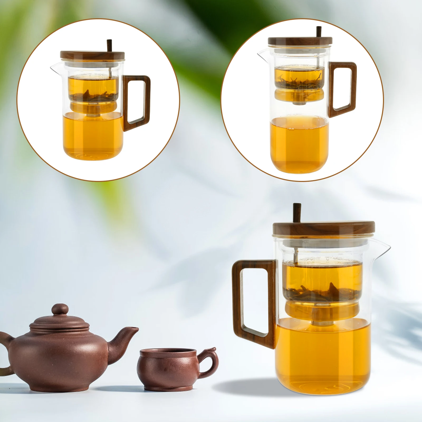 

Glass Teapot with Strainer Innovative Water Separation Glass Teapot with Wood Handle Clear Glass Tea Kettle Heat Resistant Tea