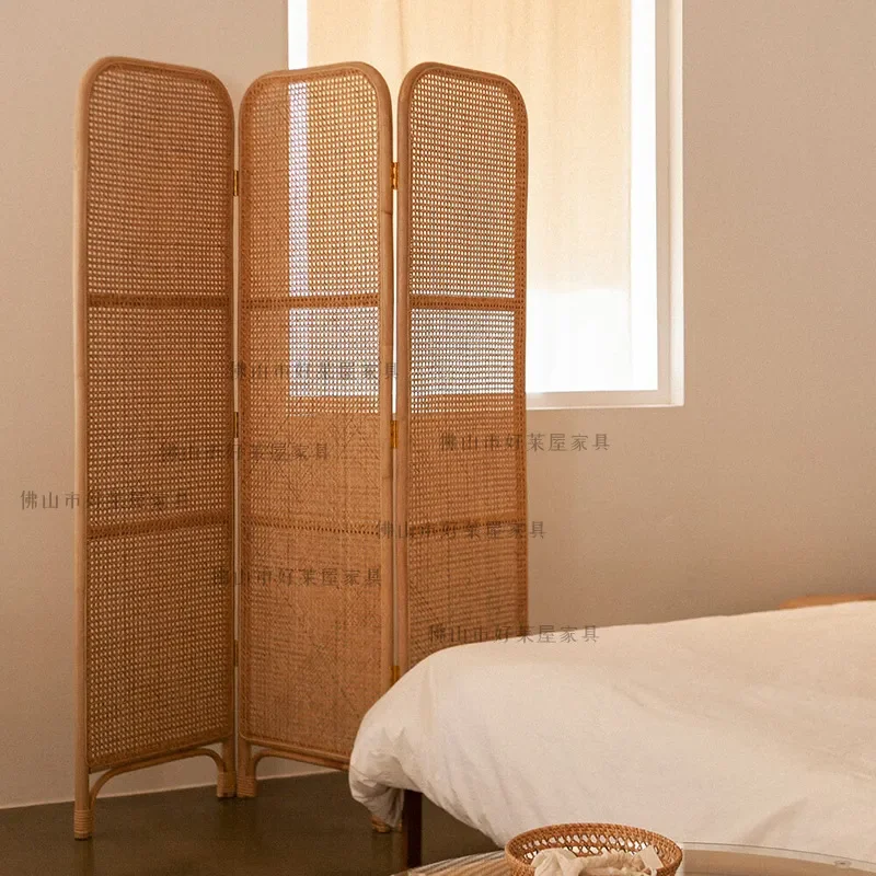 Natural Rattan Folding Screen Room Divider Portable Windbreak Partition for Balcony Living Room Dining Room Bedroom Entrance