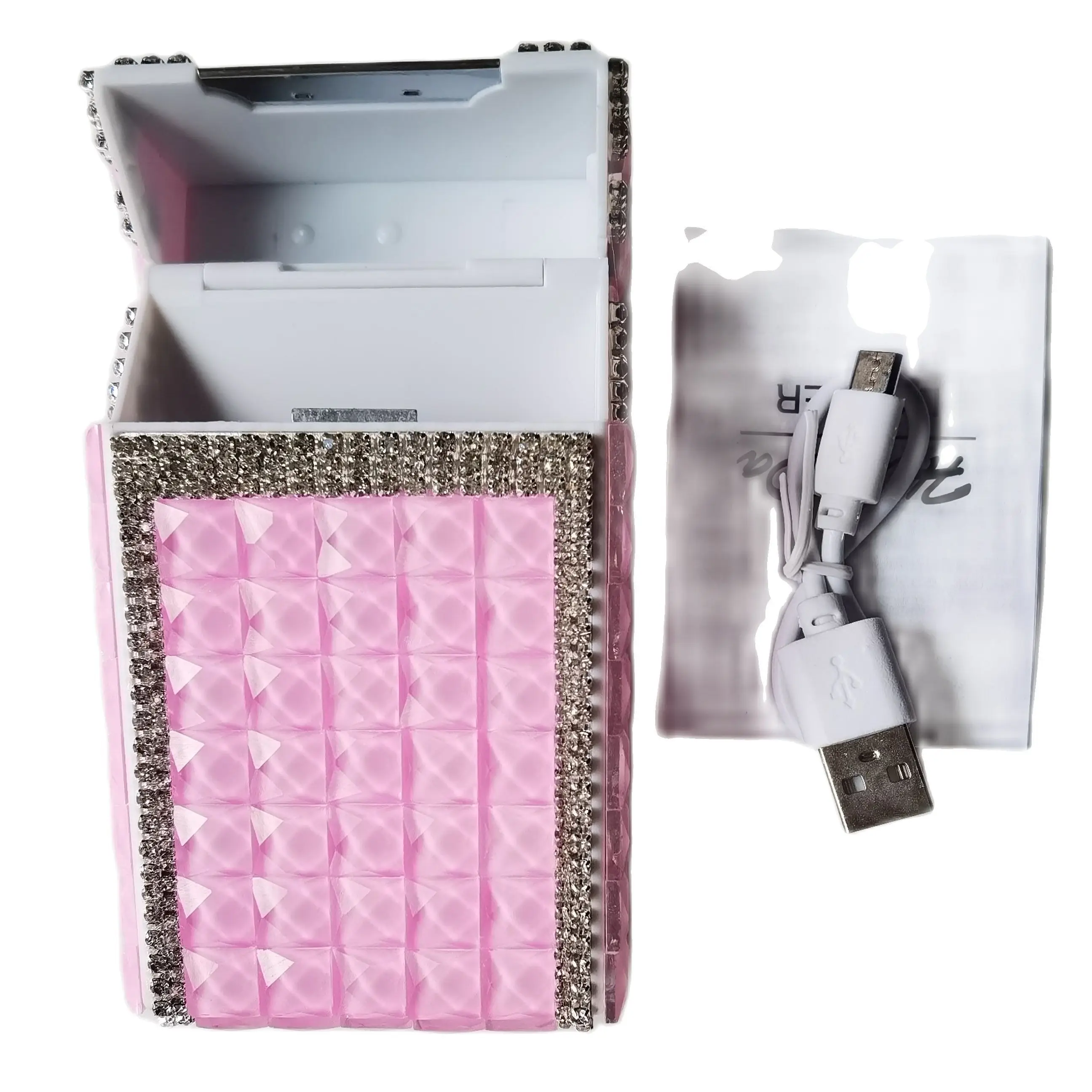 Exquisite Diamond Shiny Long Women Cigarette Case Box USB Charging Lighter 100s Slim Cigarettes Stylish Luxury Pink Cigarette A
