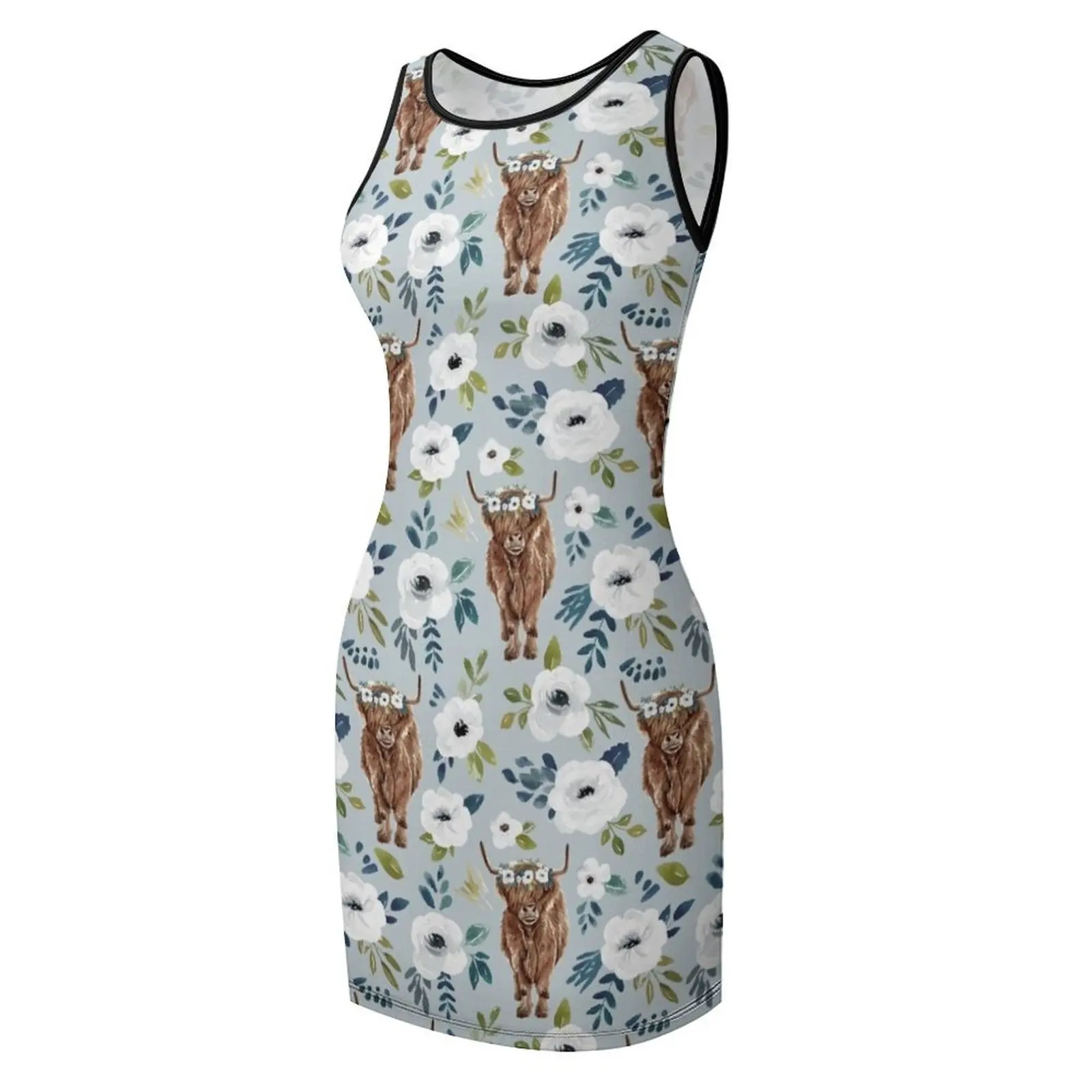 Mucca delle Highland con fiori, blu, corona floreale, pittura di mucca, arredamento per la fattoria, vestito estivo senza maniche, abito da sera chic ed elegante