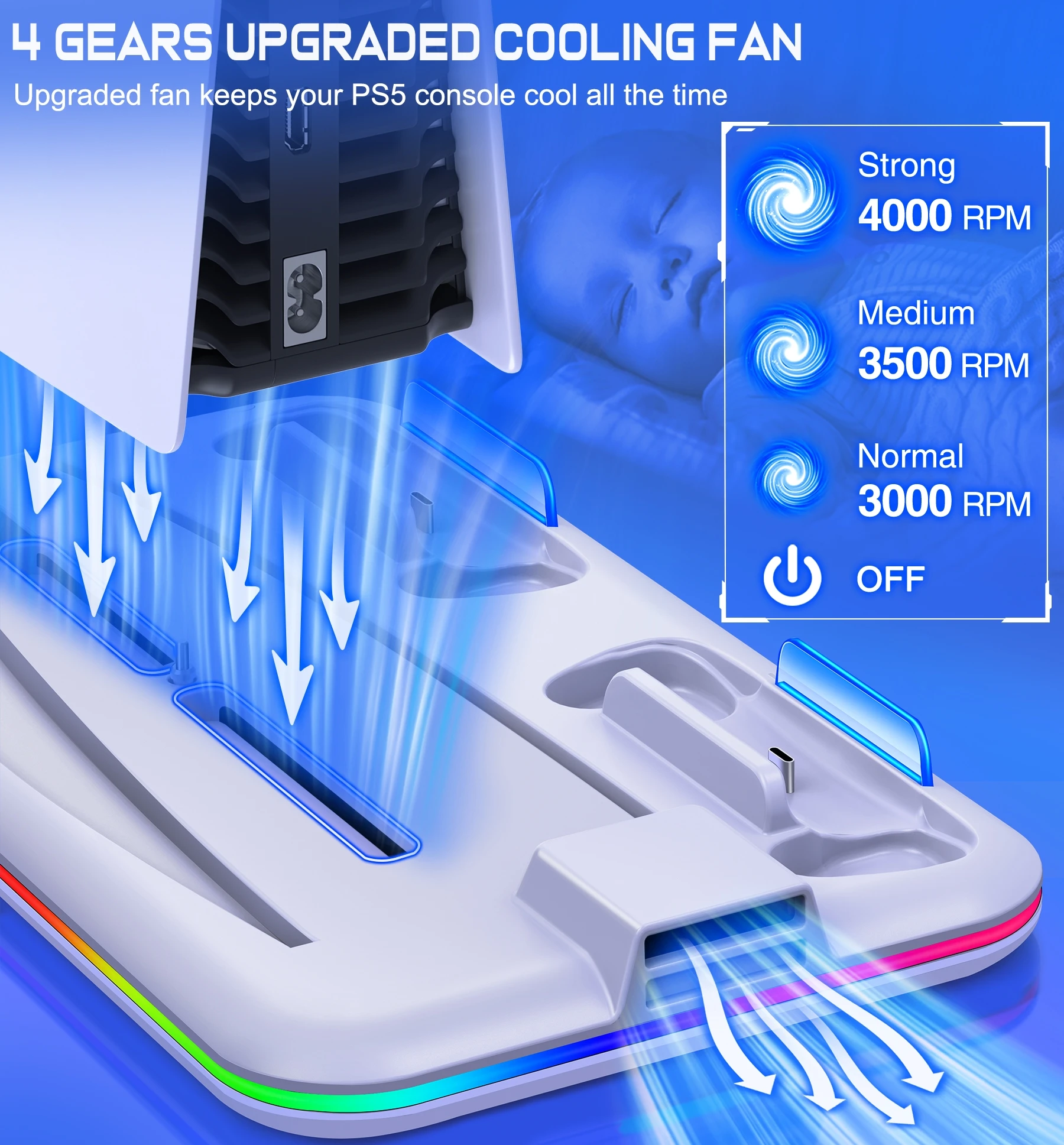 소니 플레이스테이션 5 용 RGB 듀얼 컨트롤러 충전 도크, PS5 수직 스탠드용, 디지털 LED 쿨 라이트 냉각 스테이션