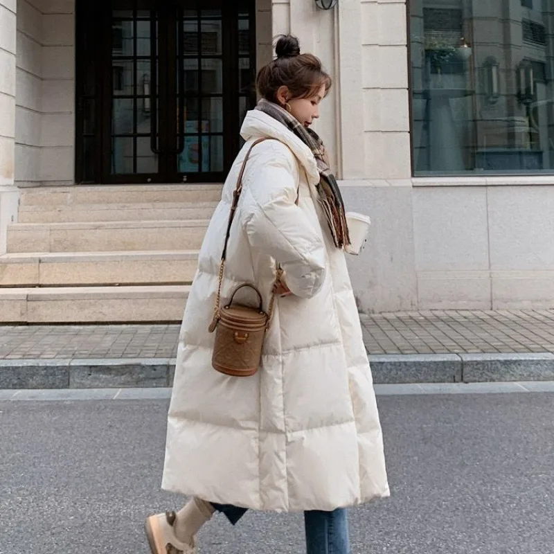 Chaqueta larga hasta la rodilla para mujer, abrigo holgado de plumón de pato blanco, con cuello levantado, a la moda, 2023