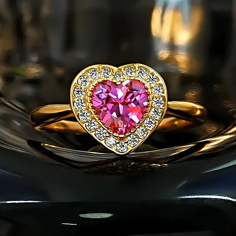 Pink Diamond Love Ring Pink Tourmaline 925 Silver Light Luxury Socialite Sweet Colorful Treasure marry Jewelry Female