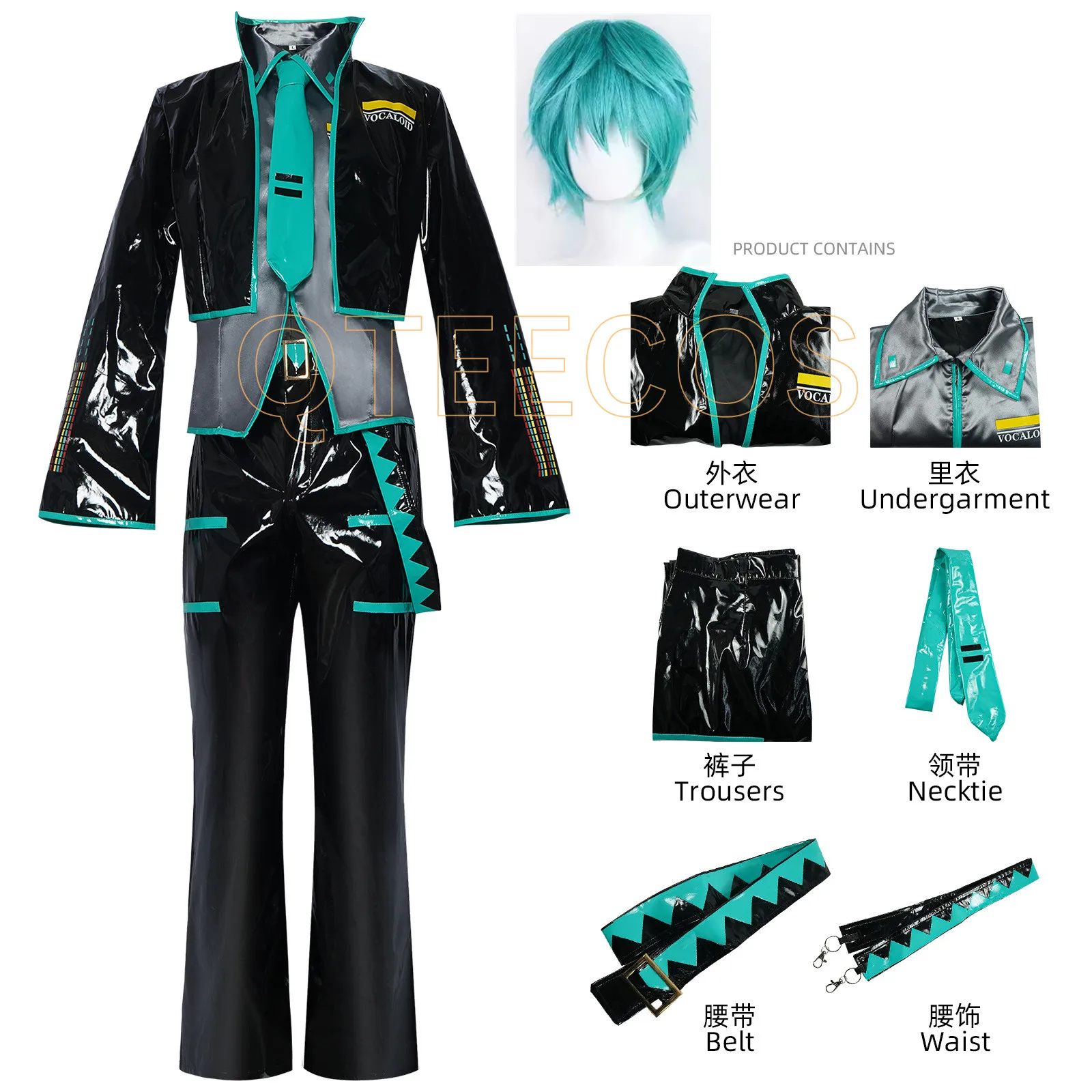Mikuo ذكر Miku تأثيري حلي موحدة شعر مستعار أنيمي الملابس السوداء بولي Leather سترة جلدية السراويل يتوهم حفلة الهالوين الزي النساء الرجال