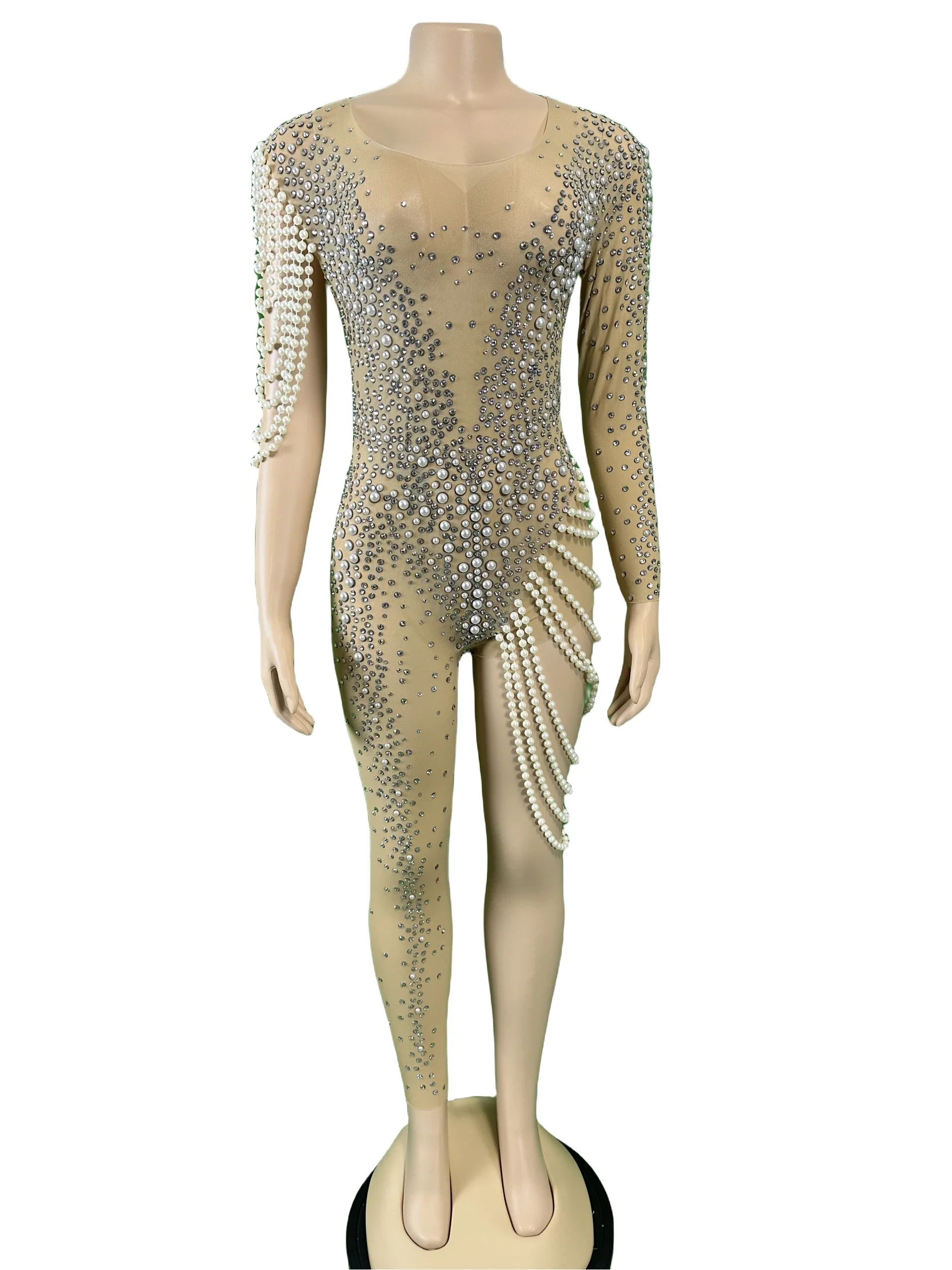 

Women Sexy See Through Rhinestone Pearl Single Shoulder Jumpsuits DJ DS Gogo Queen Costume