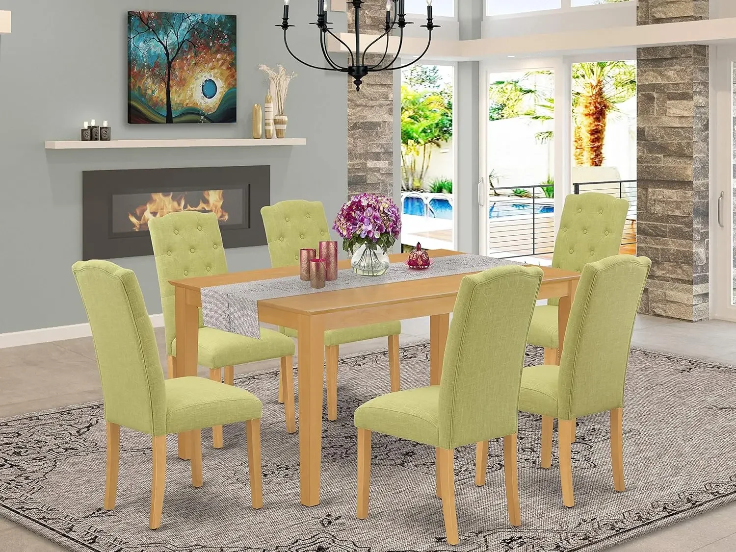 

7 Piece Room Furniture Set Consist of a Rectangle Dining Table and 6 Limelight Linen Fabric Upholstered Chairs, 36x60 Inch, Oak