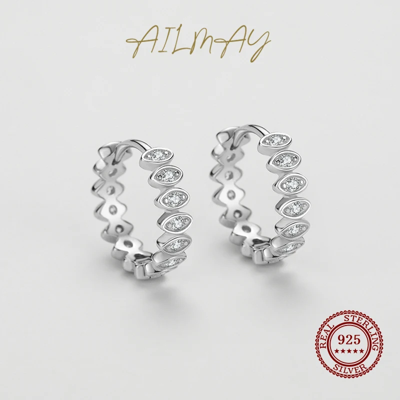 Ailmay 925 Sterling Silver Luxury Lucky Eye Ear Buckles For Women Girls Shiny CZ Geometric Hoop Earrings Wedding Fine Jewelry