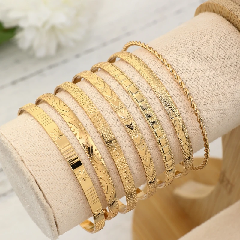 7 Pcs/Set Vintage Elegant Hexagon Star Twist Design Bangle Bracelet Golden Color Hand Jewelry Gift