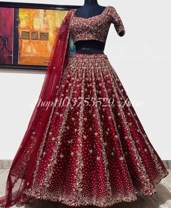 Burgundy Bridal Lehenga Wedding Dress Sparkling Exquisite A-Line Long Women's Two Piece Indian Bridal Evening Gowns