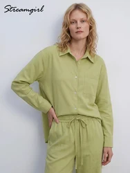 Streamgirl Linen Pants Sets For Women Summer Suits Pink Two Piece Trouser Women's Suit Sets Linen Shirt Set Oversize Outfit Suit