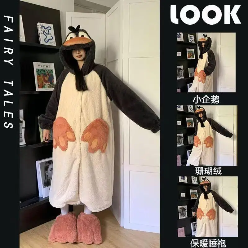 

Cute Penguin Hooded Robe Women Pajamas Winter Coral Fleece Warm Thick Plush Homewear for Girls Cozy Sleepwear Kawaii Fashion