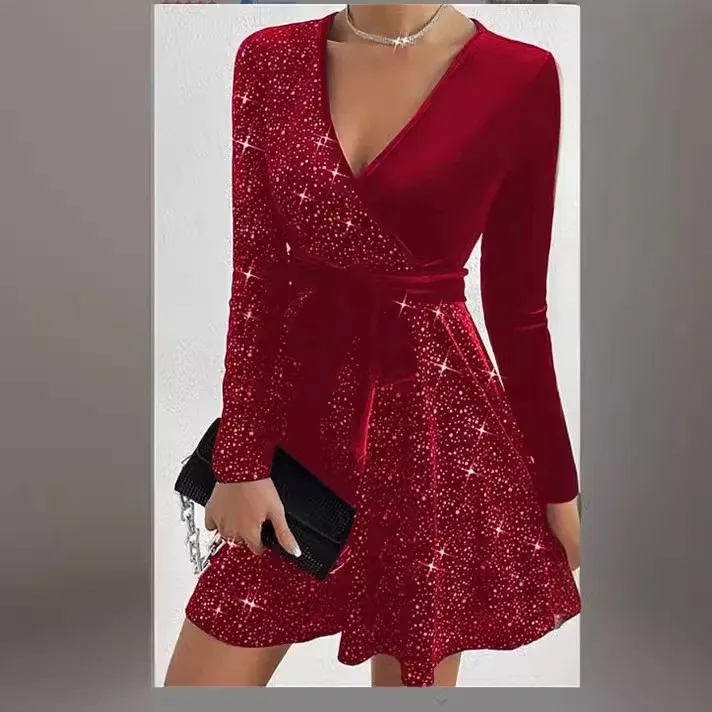 Women's Long Dress Solid Color Long Sleeve V Neck Midi Velvet Dress Wrap Skirt Sequined Pattern Self Tie Belt A Line Dress