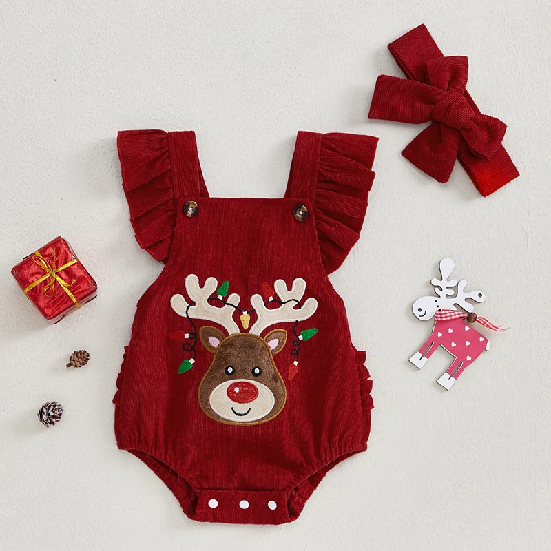 Baby Girls Christmas Jumpsuit Flying Sleeve Elk Embroidery Rompers with Headband