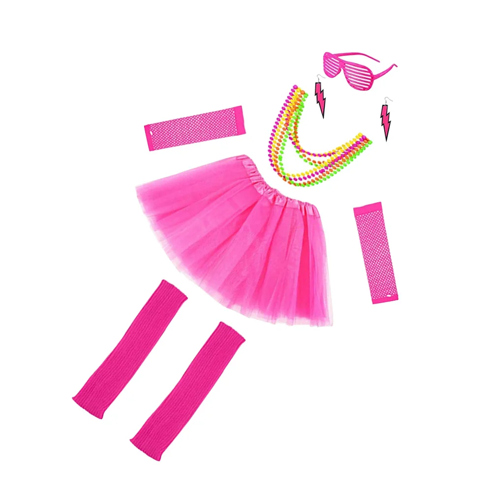

6pcs Women 80S Party Fancy Dress Costume Accessories Set Neon Bracelet Beads Earrings Leg Warmers Fishnet Gloves Kit Rose Red