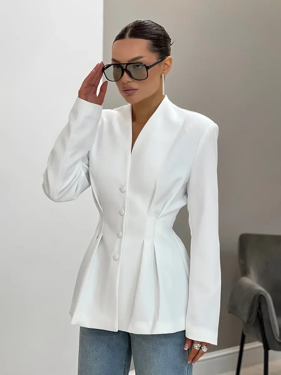 Wolfeel 새로운 여성 v 넥 허리 Cinched Blazer 우아한 Office Ready 솔리드 컬러 가을 겨울 캐주얼 데일리웨어 슈트