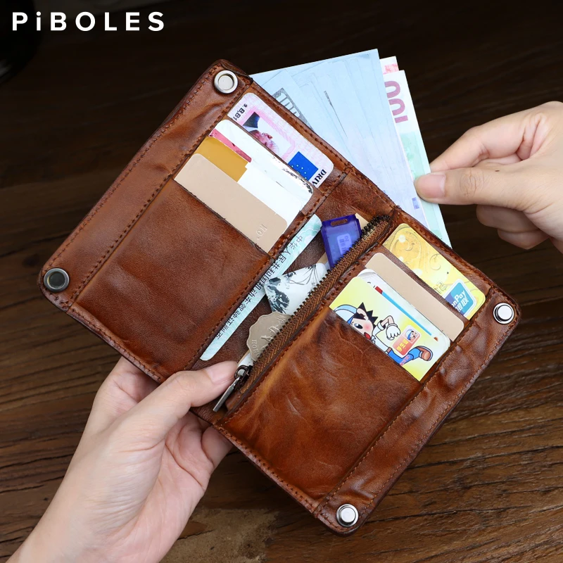 Retro Wrinkled Short Wallet Genuine Leather Bifold Men Purse Credit Card Holder with Zipper Coin Pocket Money Bag