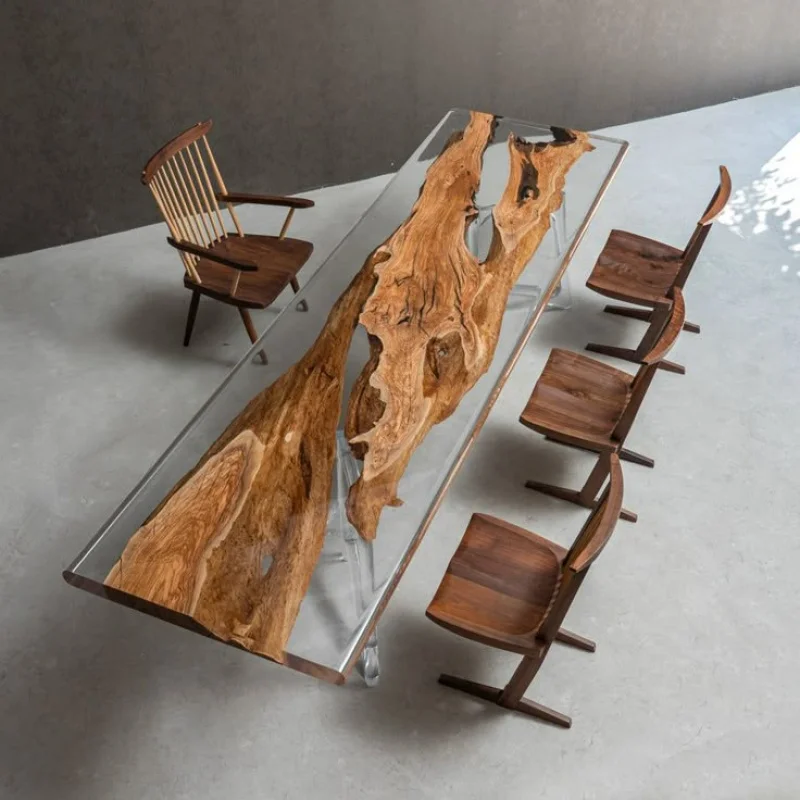 custom.Modern Natural River Epoxy Resin and Wood Kitchen Table