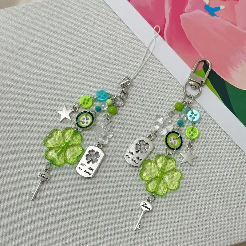

Anime Green Four Leaf Clover Cosplay Keychain Keyring Phone Chain Key Chain Star Colorful Button Bag Pendant Jewelry Accessory