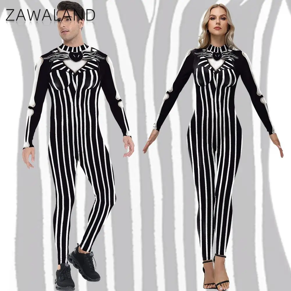 

Zawaland Halloween Costume Black White Stripe Print Jumpsuits for Adult Cosplay Carnival Party Dress Up Zentai Bodysuits