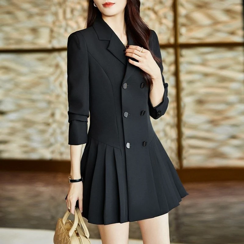 

Черное женское платье-пиджак 2025 года — элегантное офисное платье с лацканами, вечернее платье на весну и осень, шикарное платье-миди трапециевидной формы