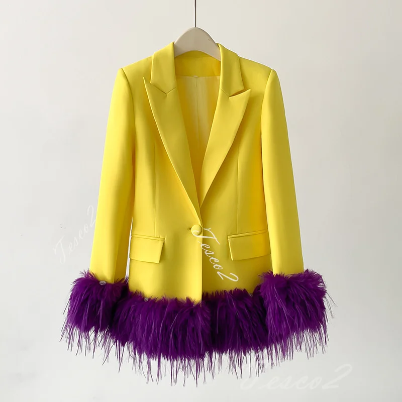 Tesco Bright Yellow Blazer Suit For Women Fashion Feather Decoration Straight Jacket Senior Ladies Dinner Performance Suit Coat