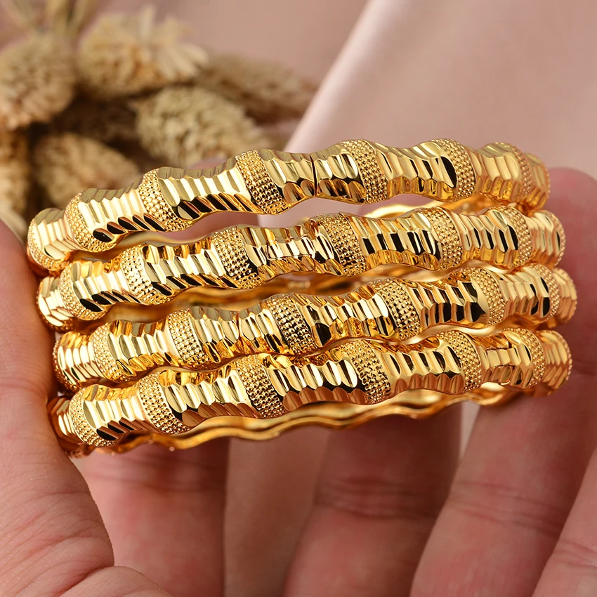 New 24K 4Pcs/lot Dubai Gold Color  Bangles  For Women Girls Bead Festival Good Luck Ethiopian Wedding Bangles Bracelet Jewelry