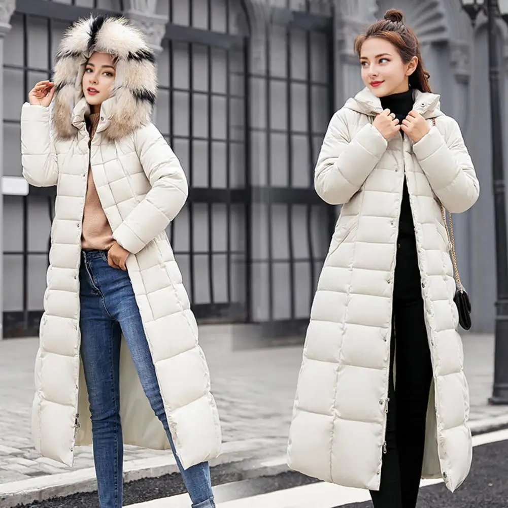 Winter Women Cotton Jacket Detachable Hood Neck Long Sleeves Parkas Solid Color Knee Length Zipper Closure Outwear