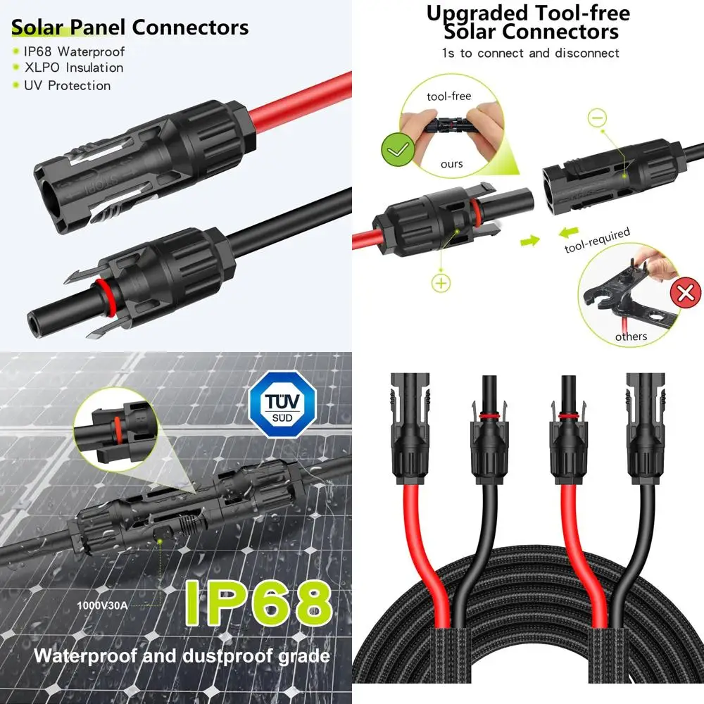 10AWG 50ft Extension Cable with Protection Cover, Waterproof PV Cable, Tool-free Connection for Home, Boat, and RV Panels