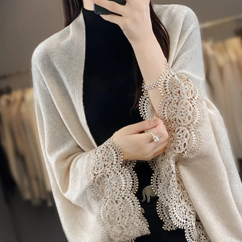 

2024 Winter New Knitted Cardigan Sweater Jacket For Women Loose Medium Length Outer Cloak Cape Shawl Top Trendy