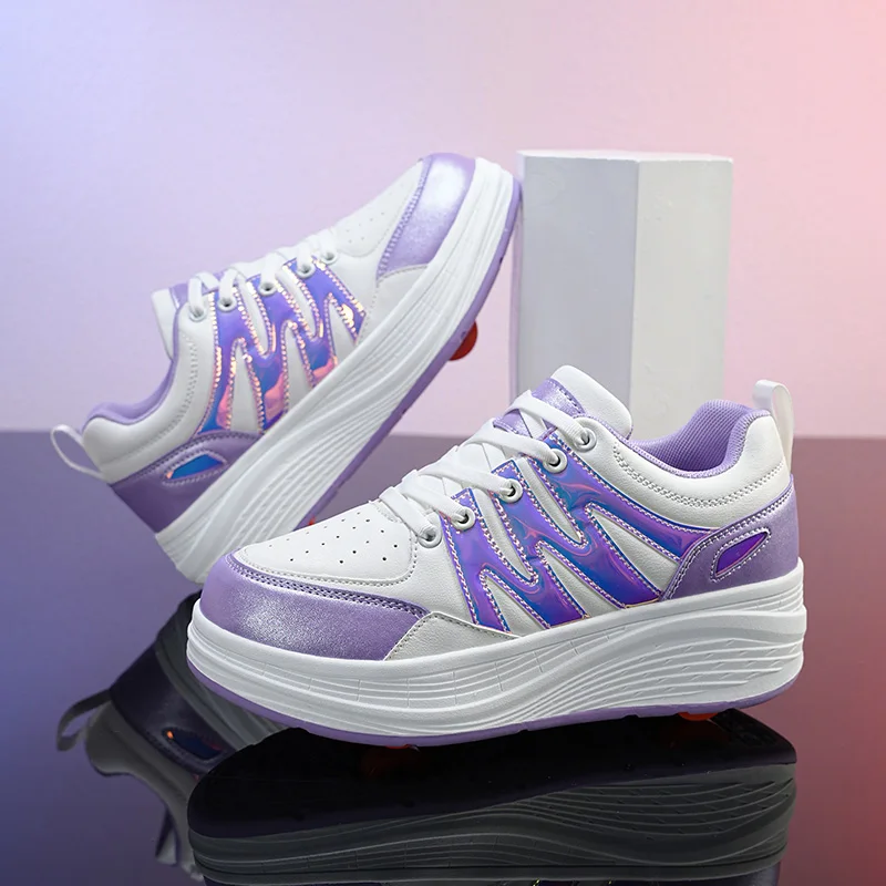 

Girls' Wheel Shoes 2025 Spring & Autumn New: Rotating Buckle Light-Up Sneakers, Older Kids' Roller Skates