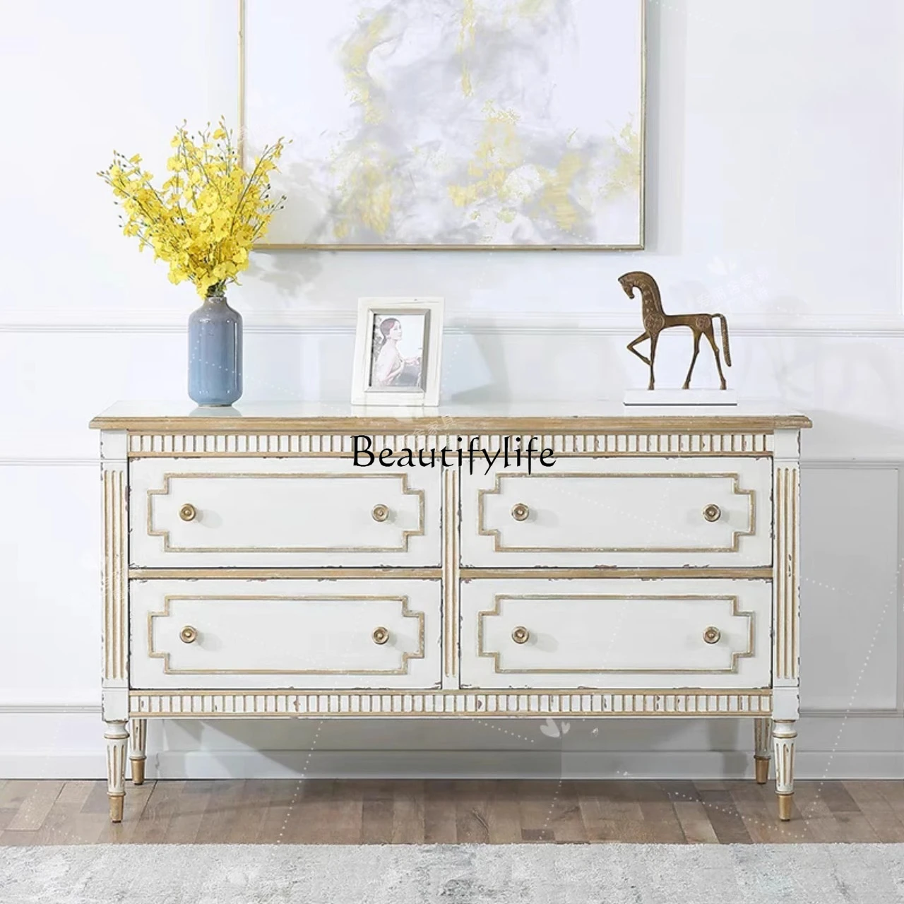 

American light luxury solid wood gold-painted chest French neoclassical retro old furniture porch locker