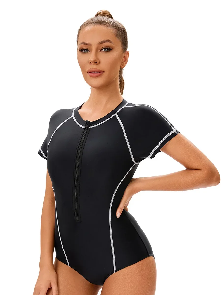 サーフィン スポーツ ビキニ 無地 コンサバティブ ワンピース 半袖 水着 ジッパー モノキニ 水着 ボディスーツ 2025 夏 新作