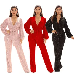 Fashion sexy v-neck party party club nightclub sequin one-piece wide leg jumpsuit pants