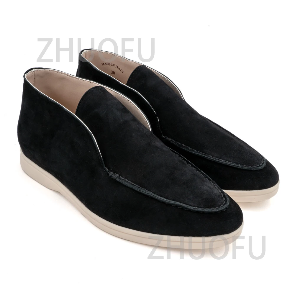 

2024 Kid Suede Loafers Men High Top Nude Casual Men Flat Shoes Woman Slip On Winter Open Walk Mocasin Shoes cowboy boots