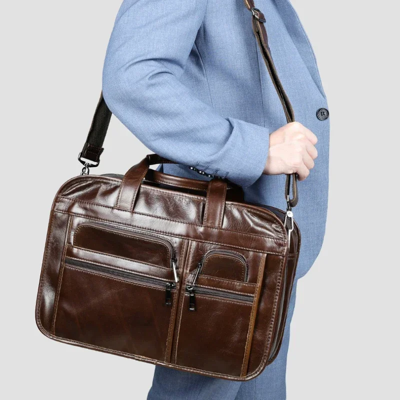 Vintage Men Genuine Leather Briefcase Men Leather Shoulder Bags 15" Laptop Handbag Cowhide Business Messenger Bags