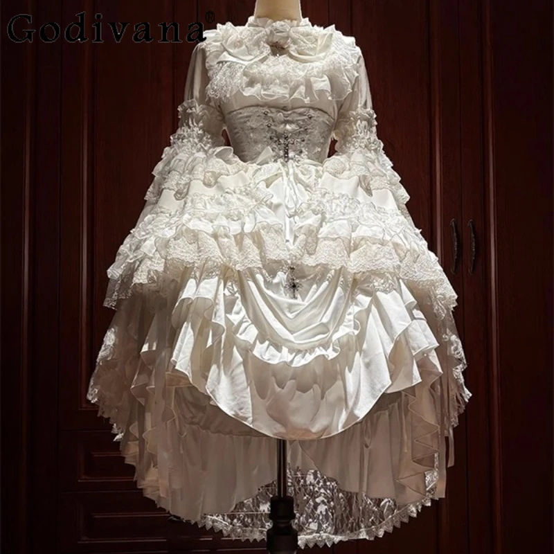 

White Gothic Style Lolita Outfits Women Princess Sleeve Waist Shirt Elegant Gorgeous Skirt Three Piece Suit Ladies Japanese Set